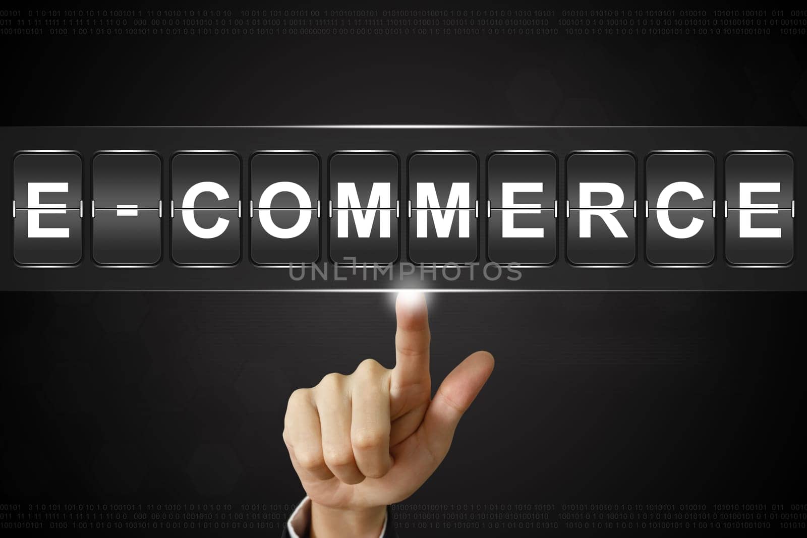 business hand pushing e-commerce on Flipboard Display