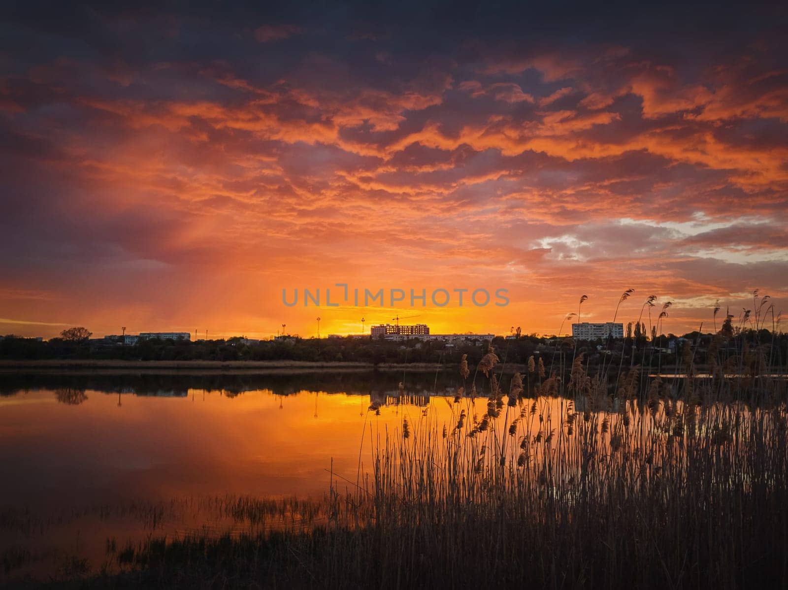 Colorful and dramatic sunset sky reflecting on pond water. Silent evening scene at Delia lake. Vibrant sundown clouds at the horizon over Ungheni city, Moldova. Reed and rush vegetation in the water
