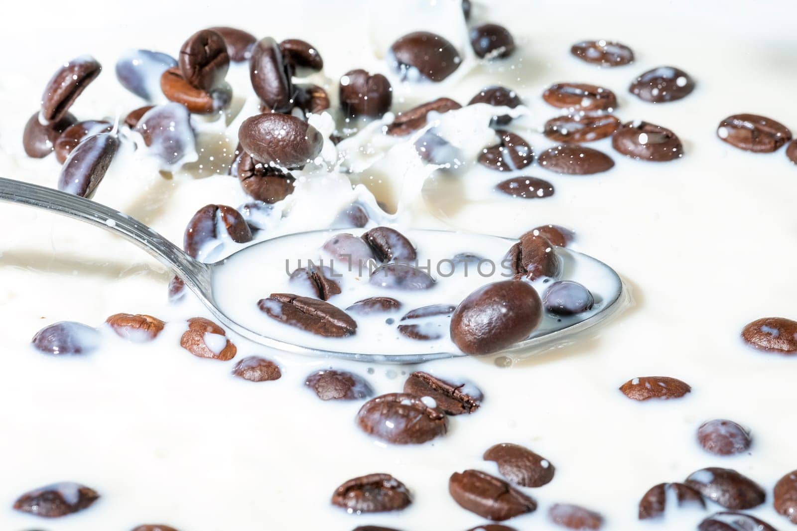 Coffee beans falling on the milk splash. Cup of milk. Concept photography.
