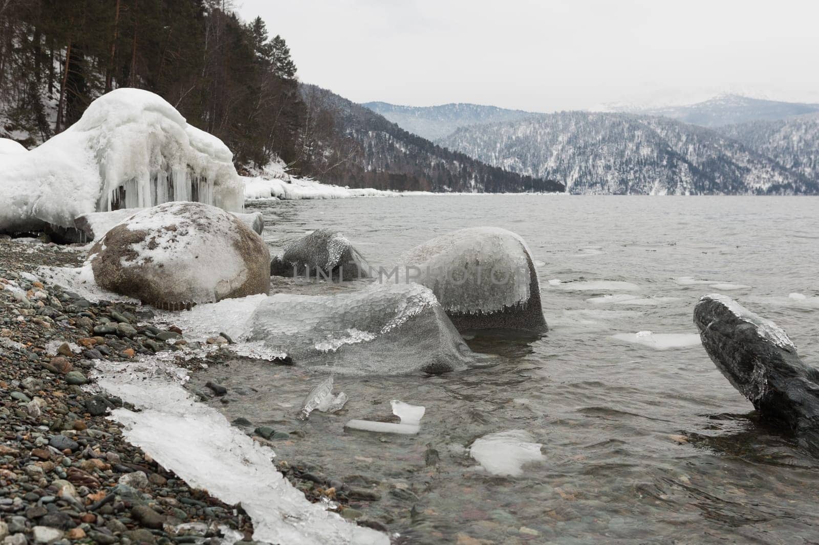 unfrozen Lake Teletskoye in winter. Russia Altai Krai.