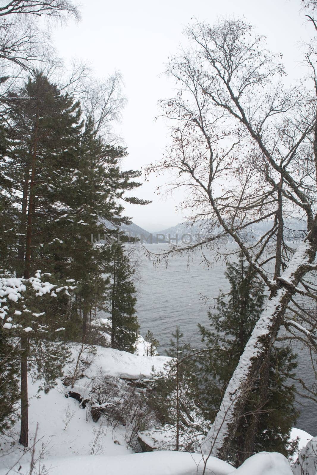 unfrozen Lake Teletskoye in winter. Russia Altai Krai.