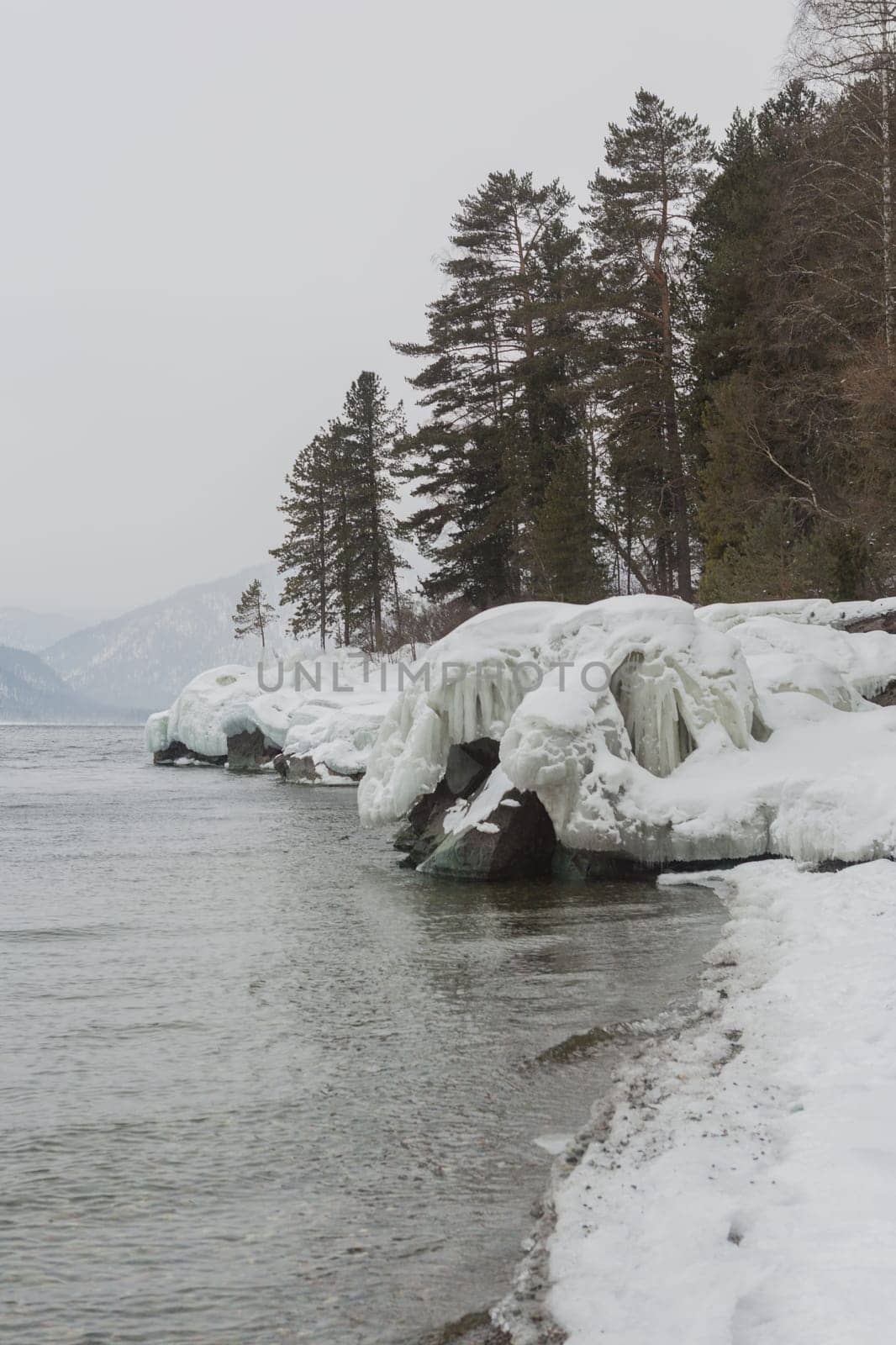 unfrozen Lake Teletskoye in winter. Russia Altai Krai.