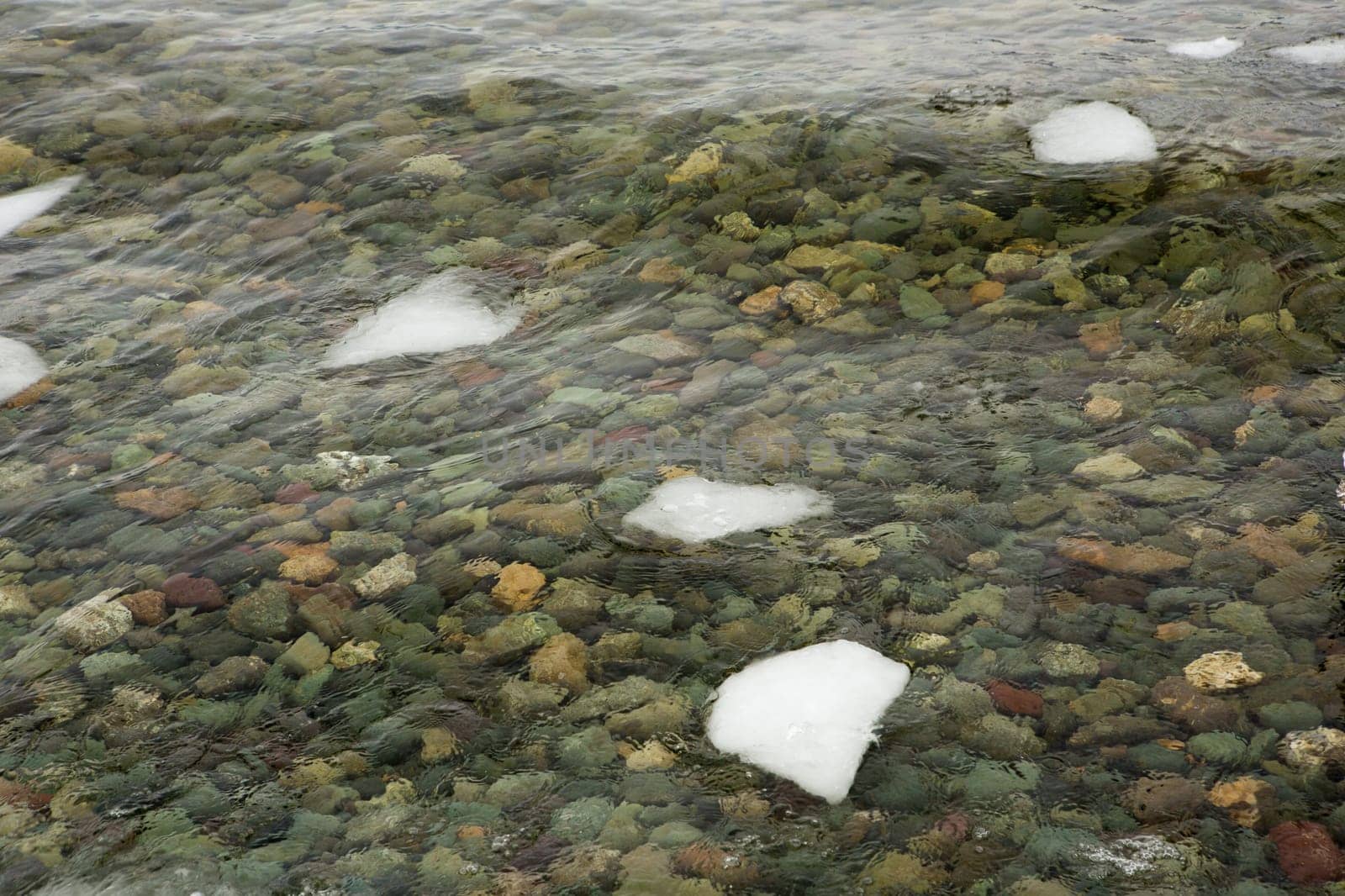 crystal clear water on Lake Teletskoye, through which you can see the stones lying on the bottom.Russia, Altai Krai.