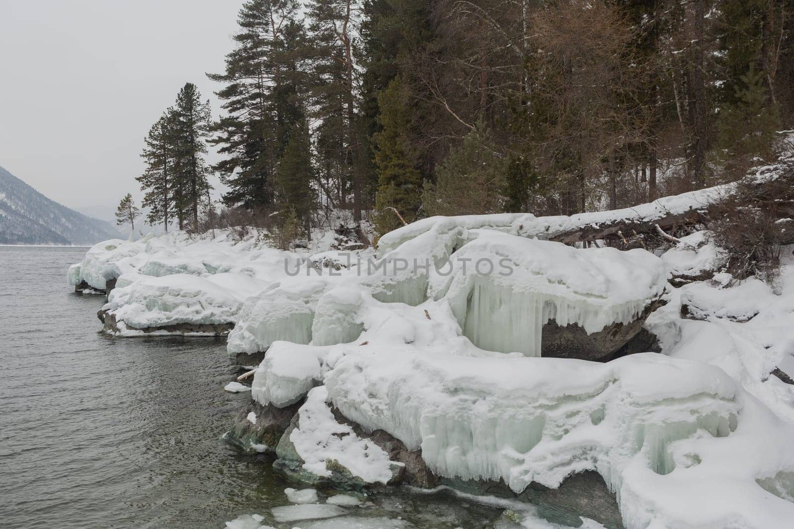 unfrozen Lake Teletskoye in winter. Russia Altai Krai.