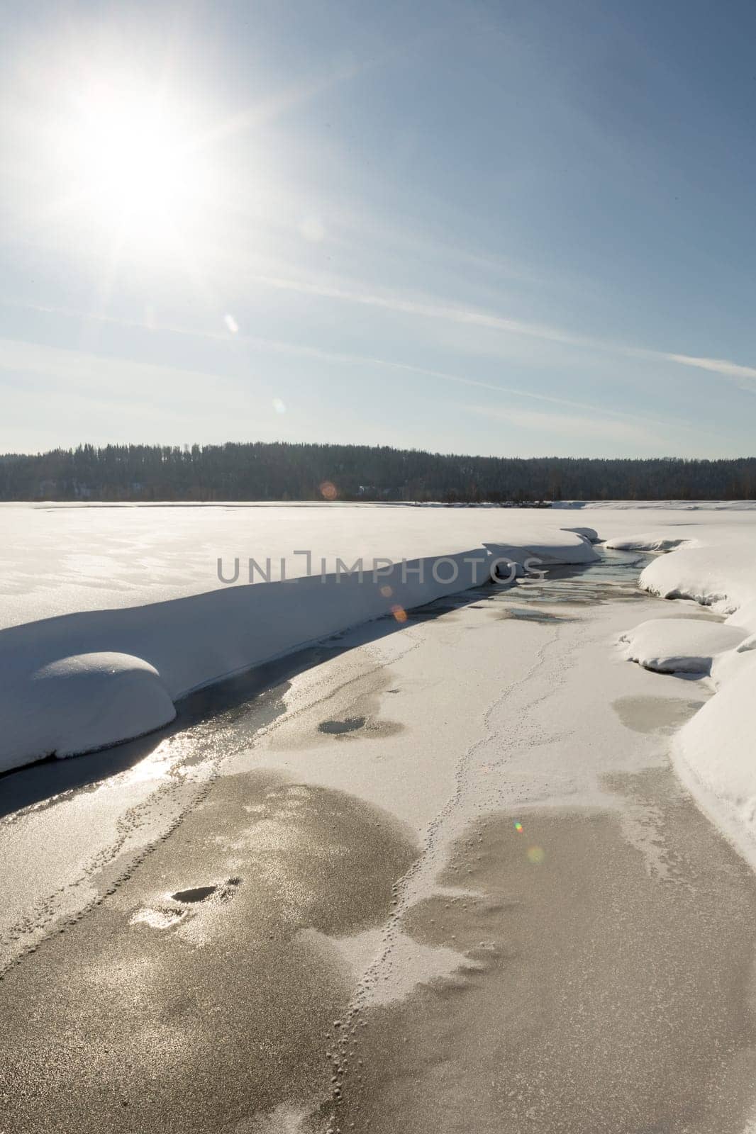 thawed patch with water on river among snow.