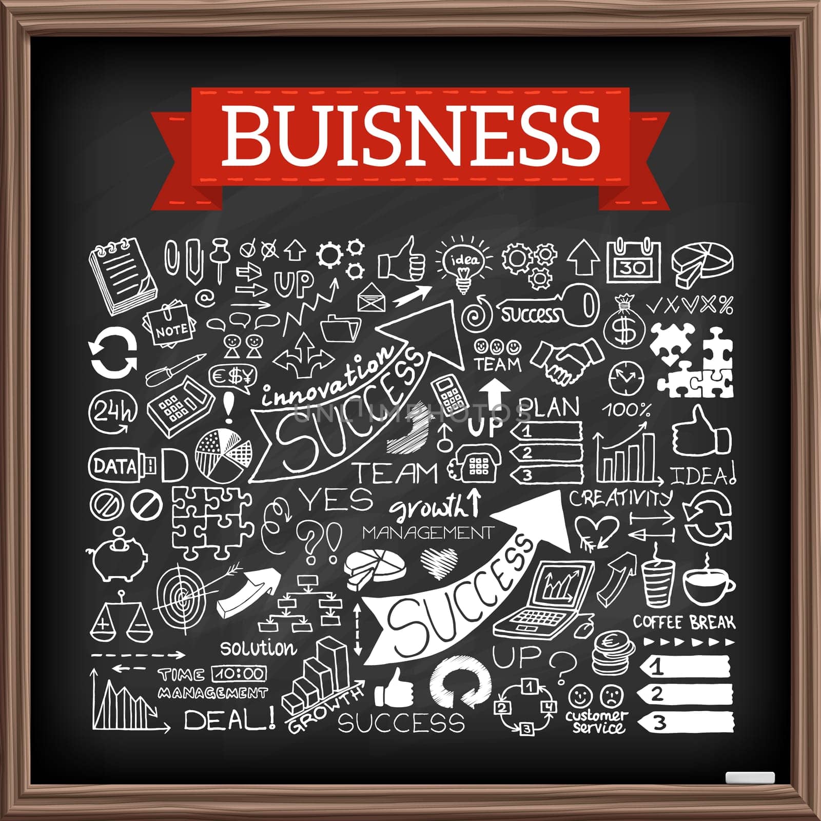 Hand drawn business icons set with arrows, diagrams, puzzle pieces, thumbs up and more. Chalkboard effect. Vector Illustration.