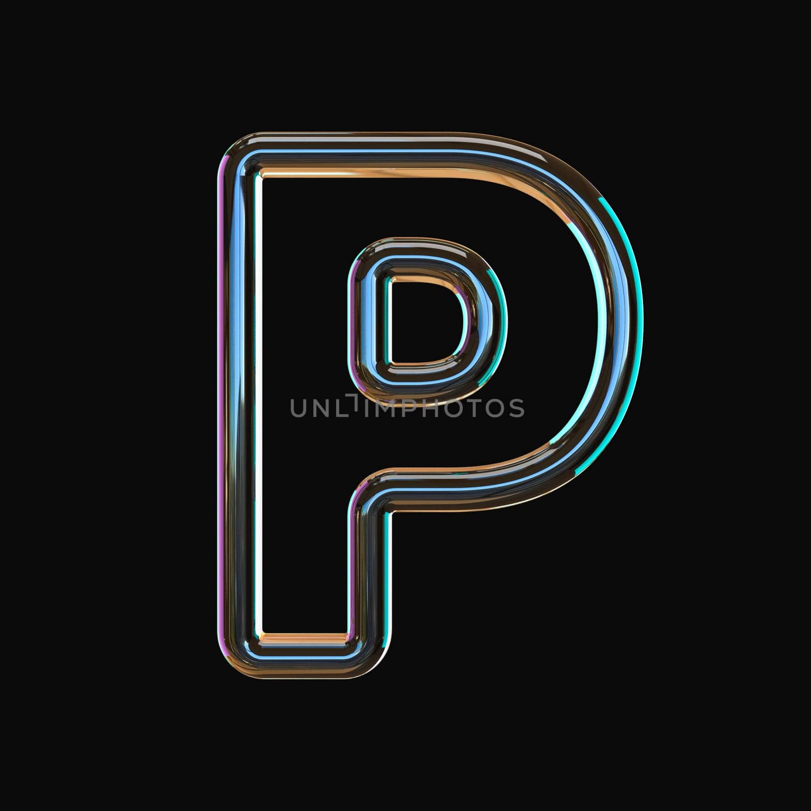 Vivid color glass font Letter P 3D render illustration isolated on black background