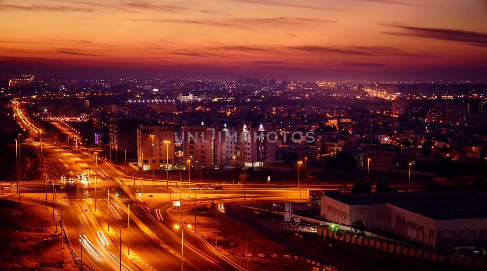 Scenic view of the capital city of Muscat, Oman after sunset