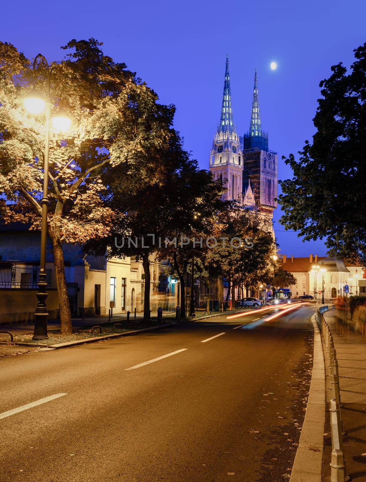 Nighttime cityscape and Zagreb Cathedral in Zagreb, Croatia