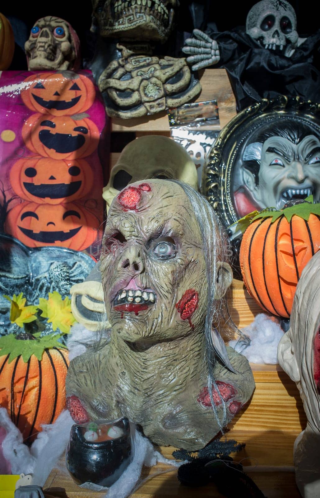Lots of scary halloween masks. Realistic rubber made