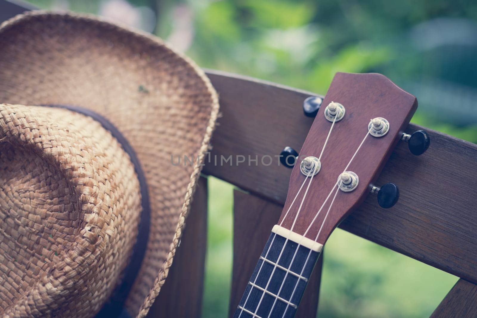 Ukulele on a wooden park bench in summer, green area in the blurry background