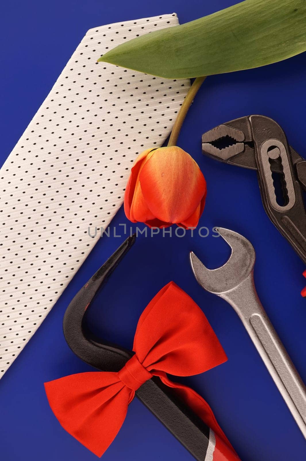Crowbar tied with a red bow, spanners, necktie and tulip over a blue background and free copy space for your greeting