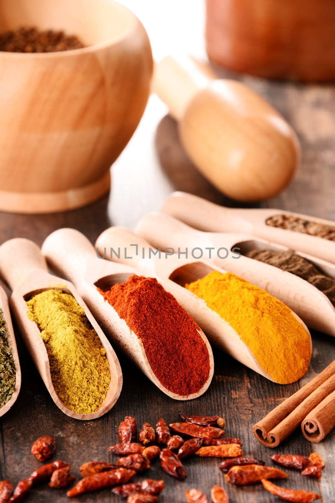 Variety of spices on kitchen table.