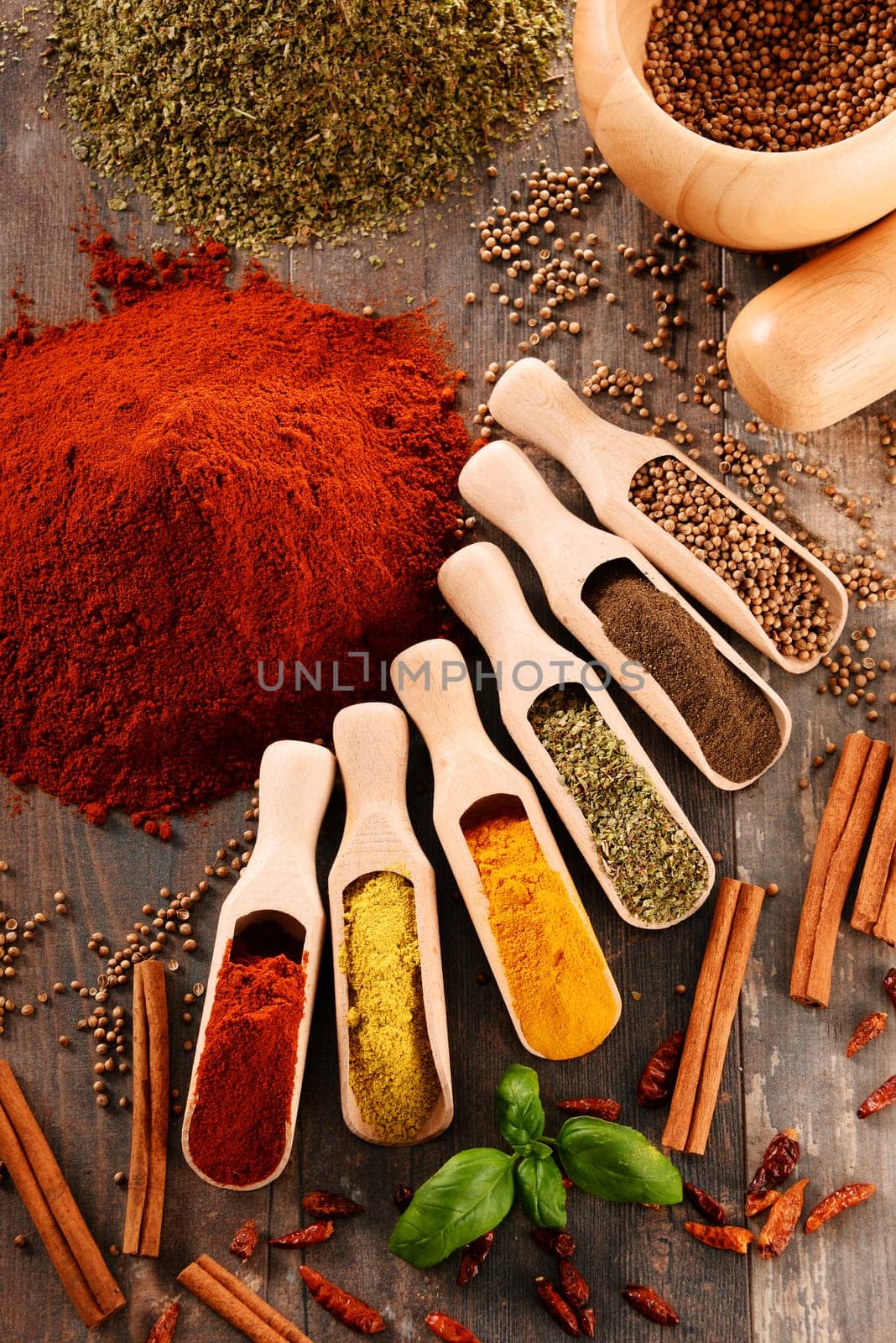Variety of spices on kitchen table.