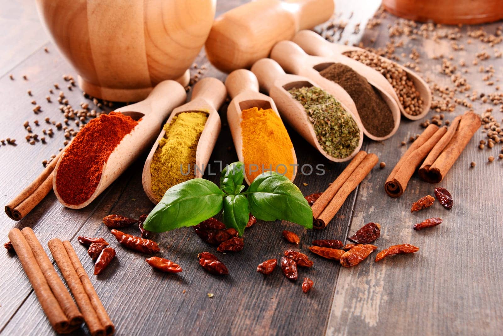 Variety of spices on kitchen table.