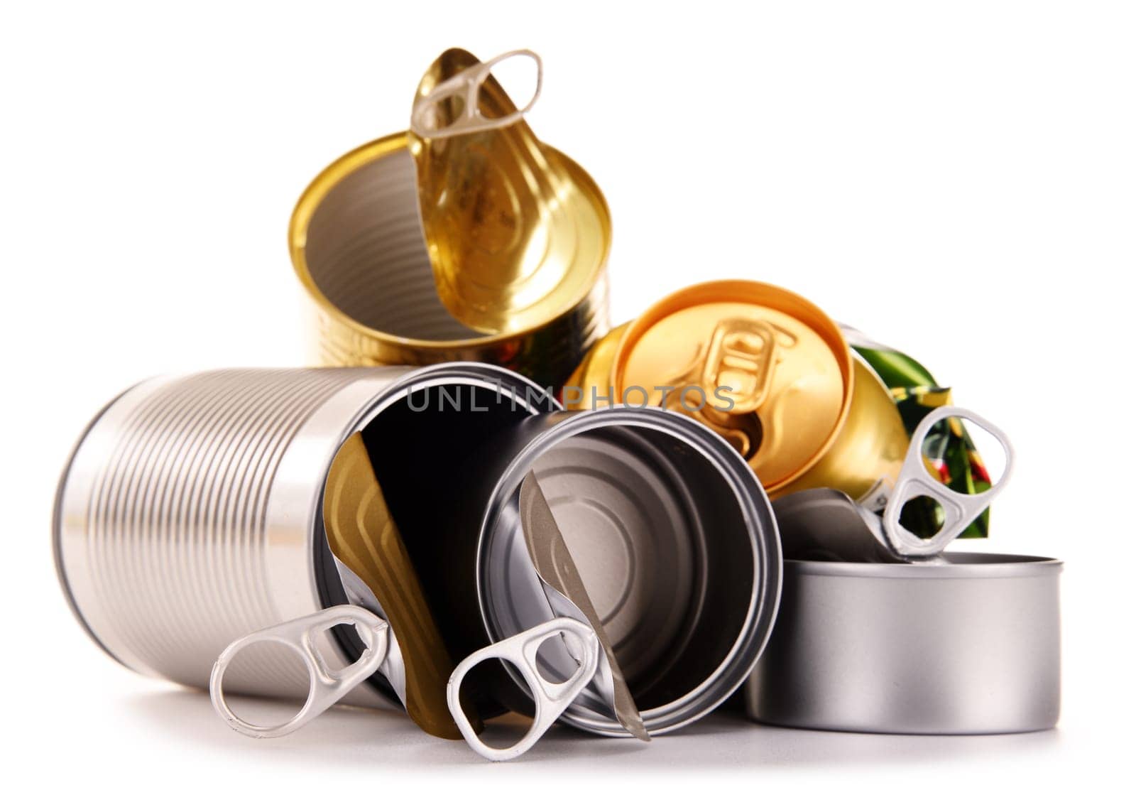 Recyclable garbage consisting of metal cans isolated on white background