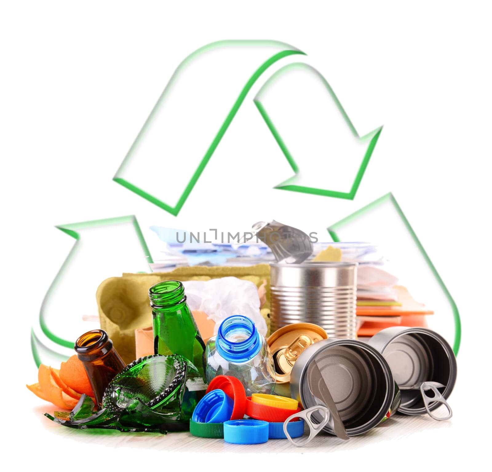 Composition with recyclable garbage consisting of glass, plastic, metal and paper isolated on white background