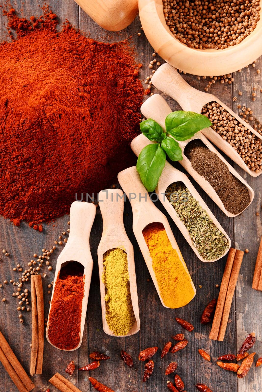 Variety of spices on kitchen table.
