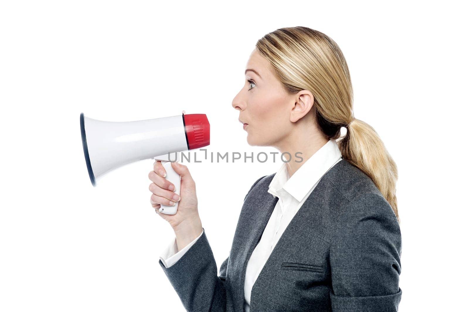 Female executive make advertising with loudhailer
