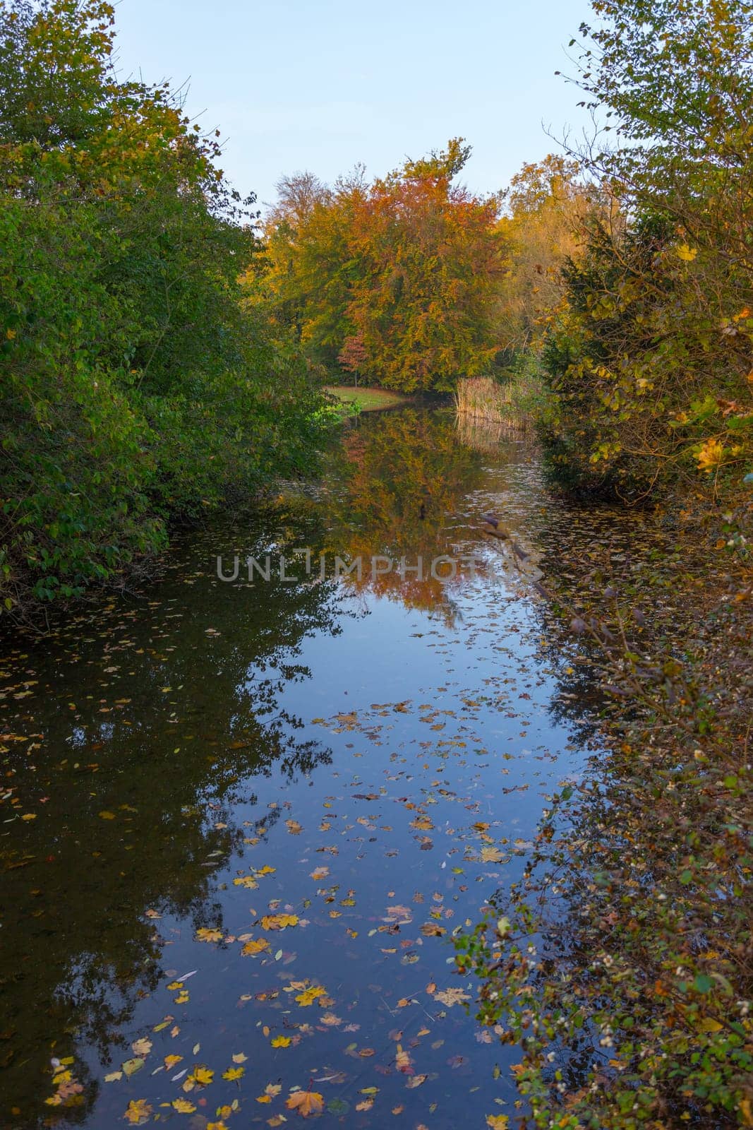 Sky is reflected in the water of a canal in the park