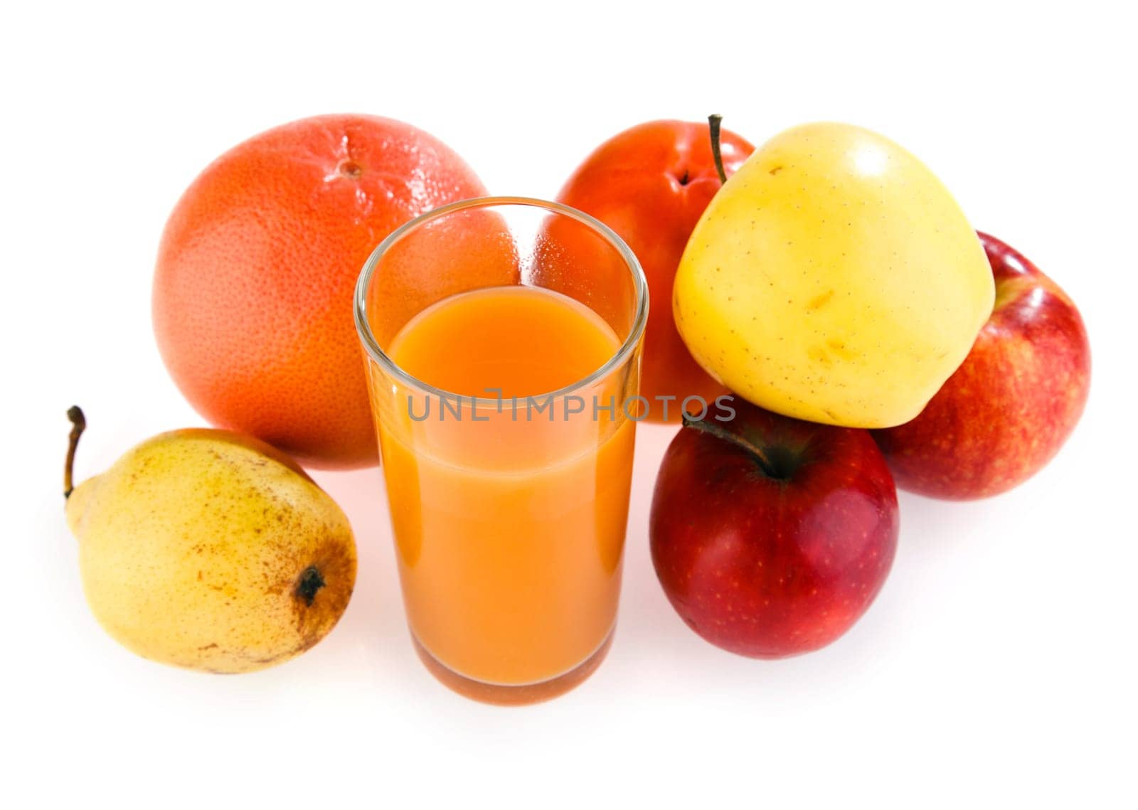 apple, pear, grapefruit, a glass of juice on a white background
