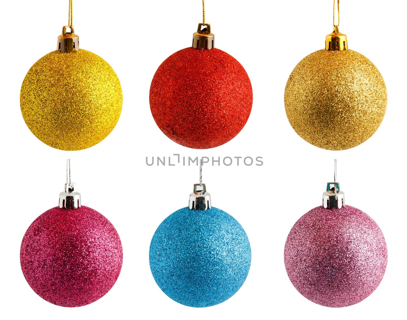 six colored Christmas balls vith saved paths