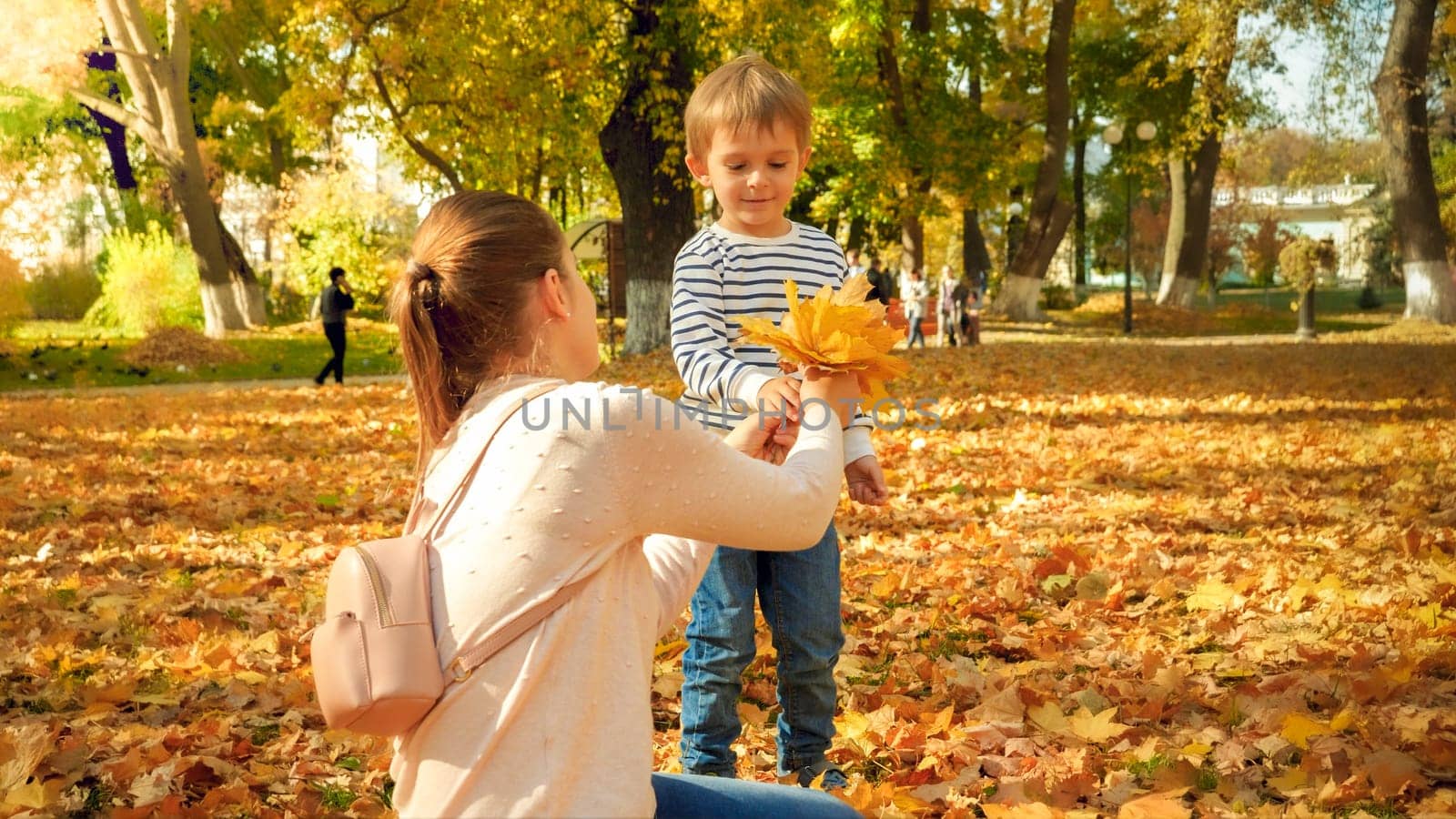 Cute little boy giving beautiful bouquet made of autumn leaves to his mother at park.