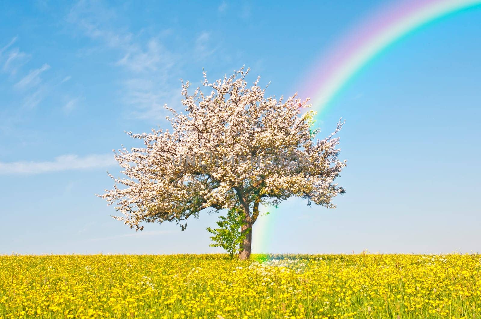 apple tree blossom with rainbow