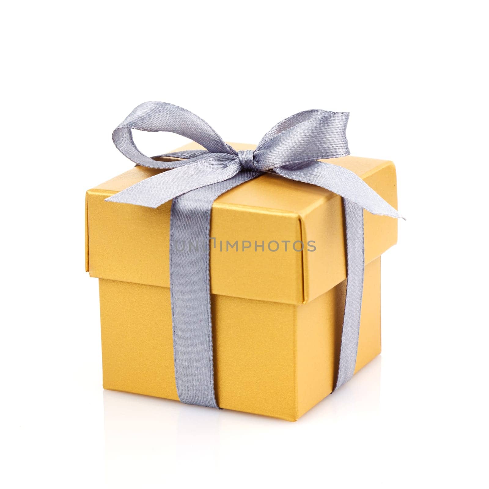 golden gift box with silwer ribbon and bow isolated on white