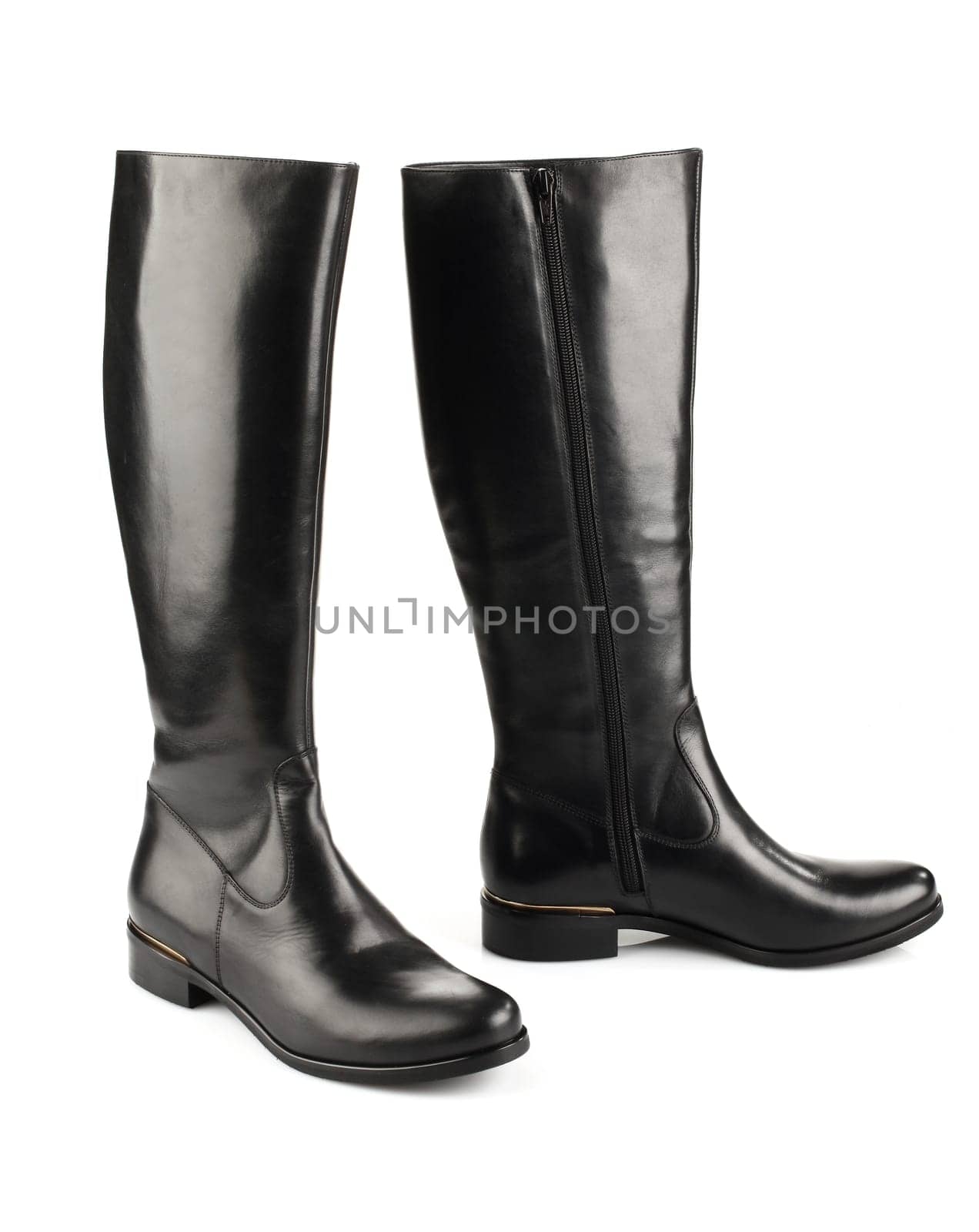 Black leather female boots isolated on white background