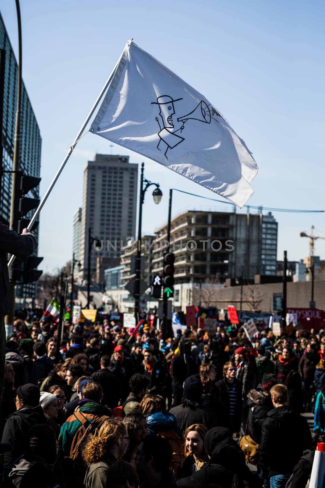 MONTREAL, CANADA, APRIL 02 2015. Riot in the Montreal Streets to counter the Economic Austerity Measures. Crowd with Placard, Flags and Signs Walking in the Streets