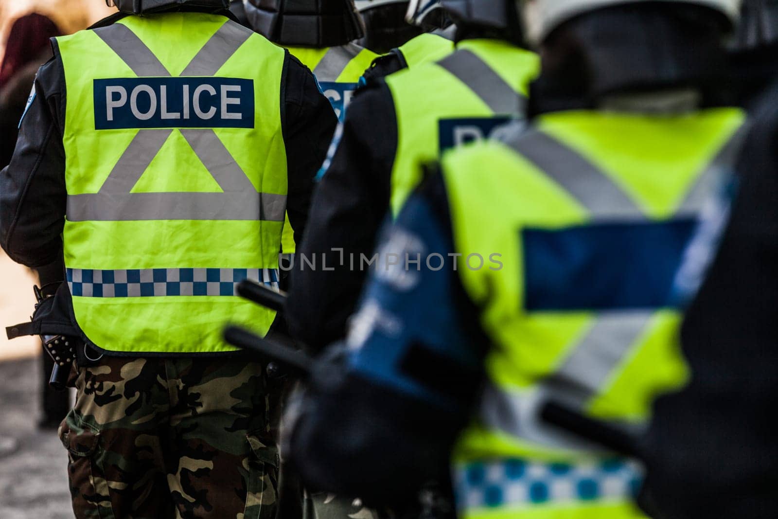 MONTREAL, CANADA, APRIL 02 2015. Riot in the Montreal Streets to counter the Economic Austerity Measures. Closeup of Police Gear and Protections