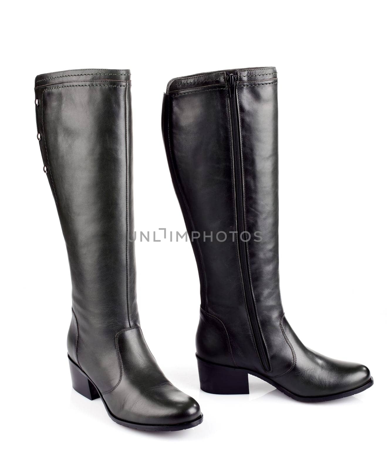Black leather female boots isolated on white background