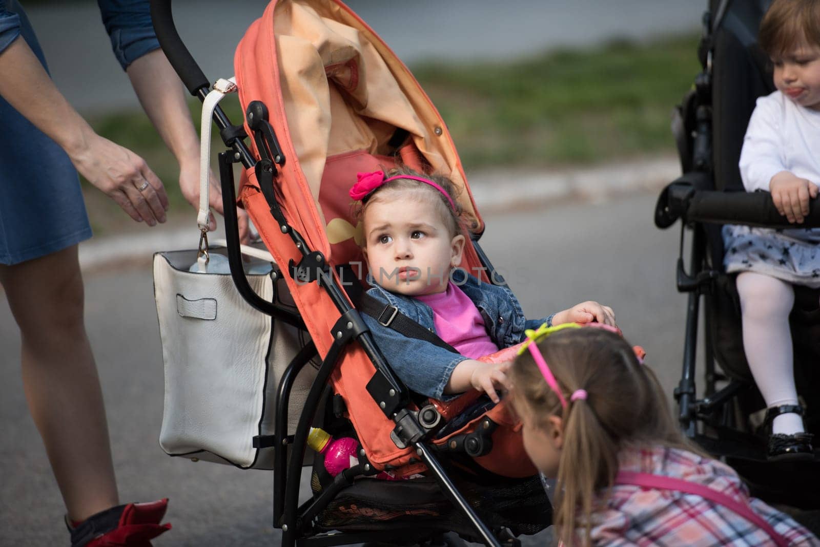 beautiful babies sitting in a stroller in the park