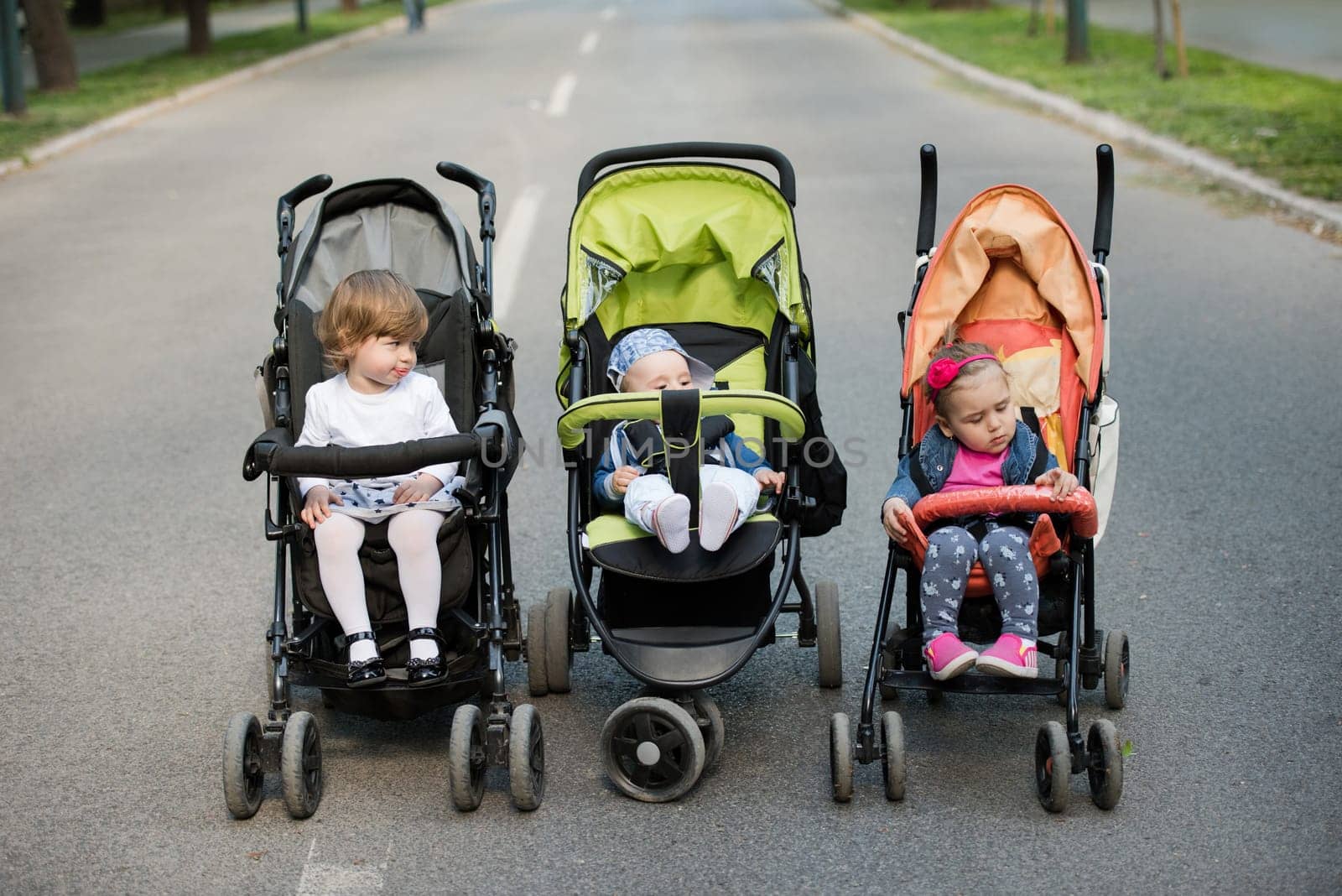 beautiful babies sitting in a stroller in the park