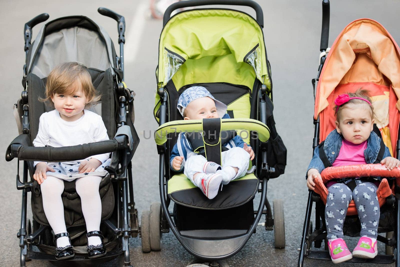beautiful babies sitting in a stroller in the park