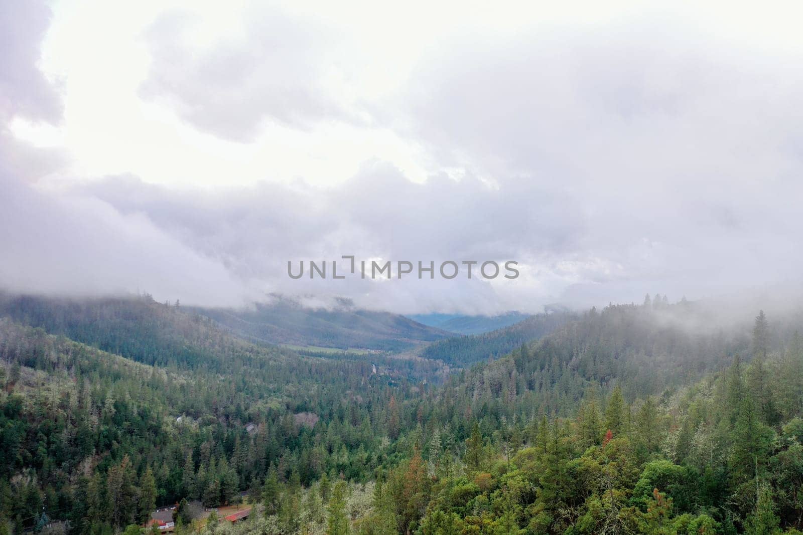 Beautiful and peaceful forest under cloudy sky and with mountains as background. Aerial view of cloudy and foggy skyline above the woods. Wooded and rocky landscapes