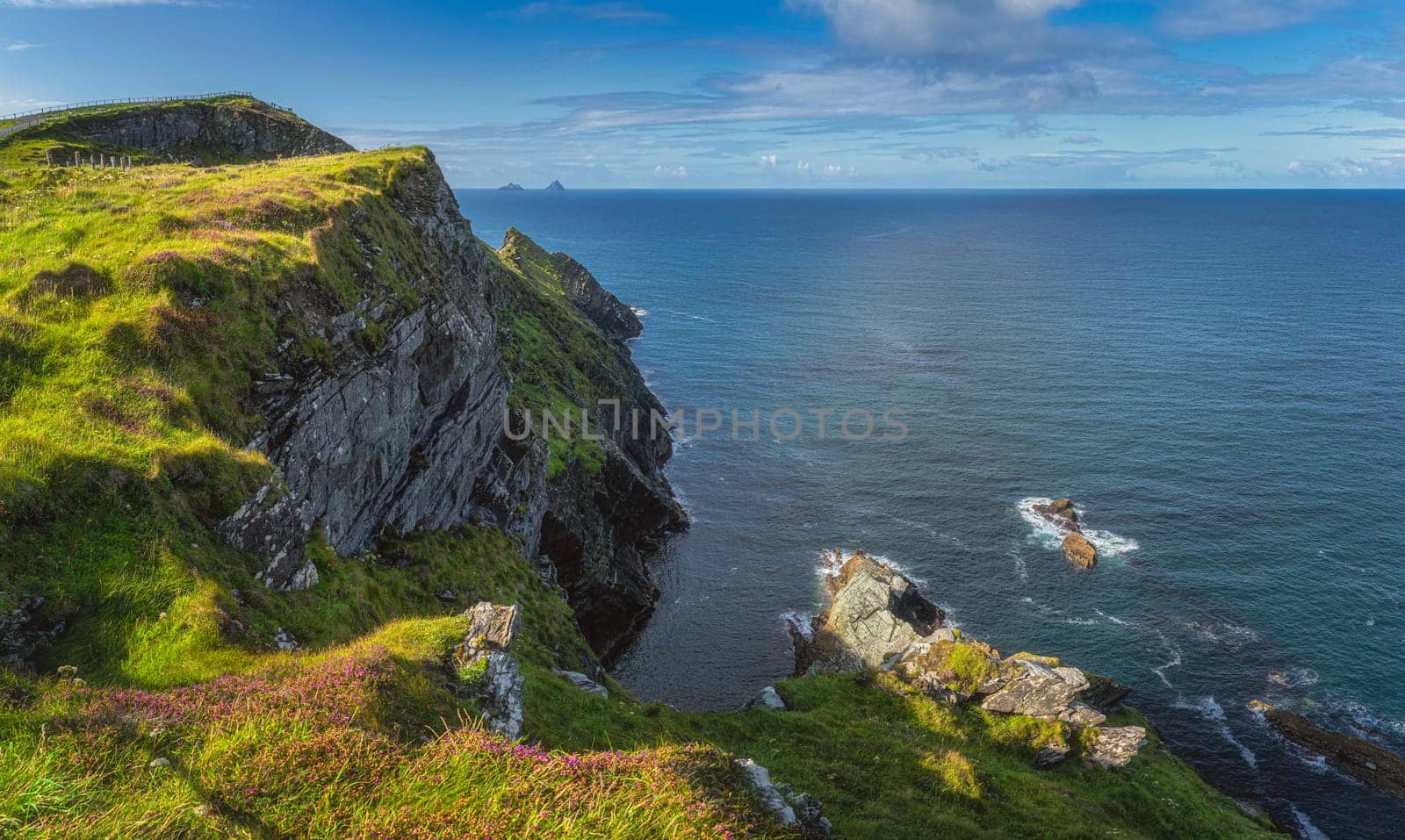 Beautiful Kerry Cliffs with a view on Skellig Michael and Little Skellig islands on far distance, where Star Wars were filmed, Ring of Kerry, Ireland