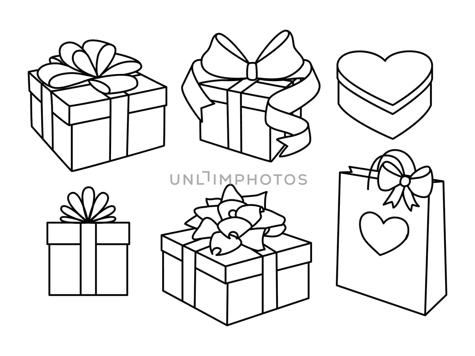 Doodle set of gift boxes with bows, heart shaped box and a gift bag. Hand drawn presents collection. Graphic design elements for advertisement, flyer, poster, web shop sale. Vector illustration
