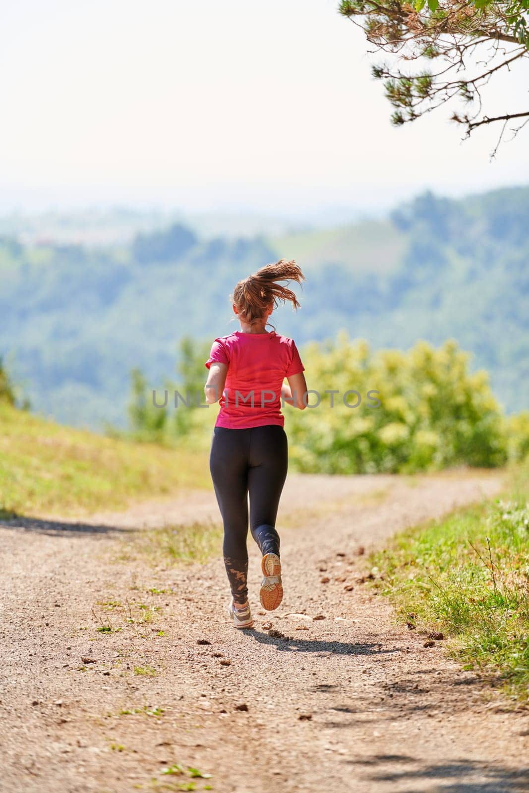 woman enjoying in a healthy lifestyle while jogging on a country road through the beautiful sunny forest, exercise and fitness concept