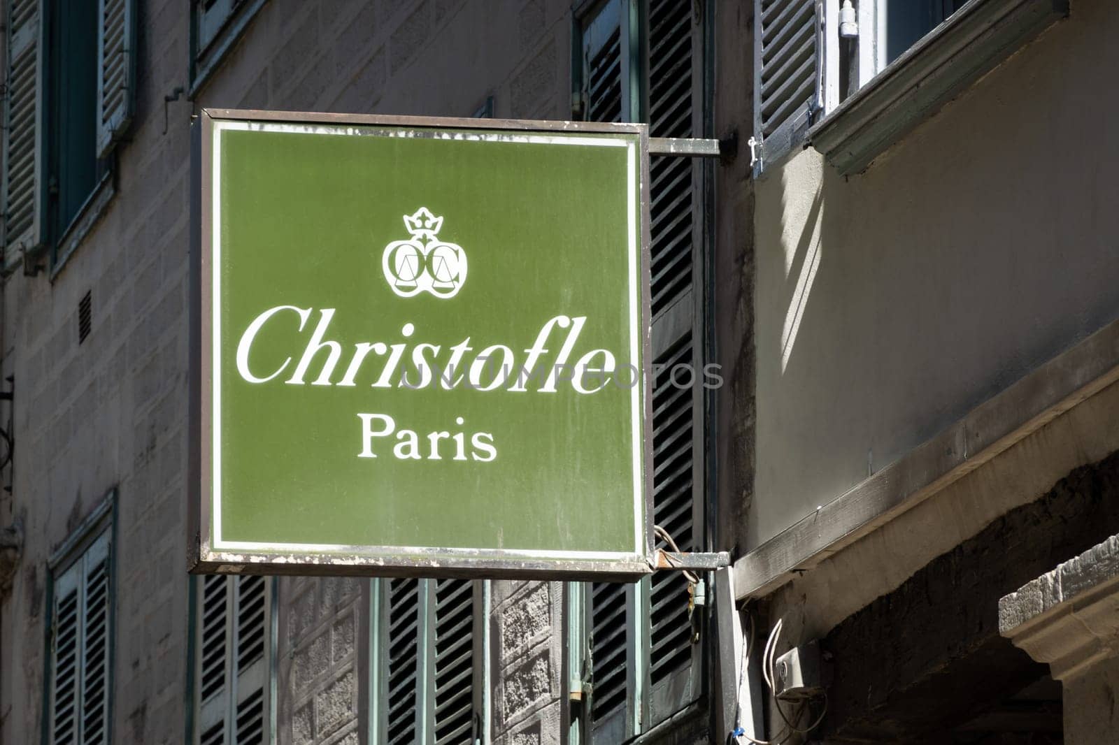 BAYONNE, FRANCE - CIRCA APRIL 2021: Christofle sign oustside shop. Christofle is a French goldsmith and tableware company.