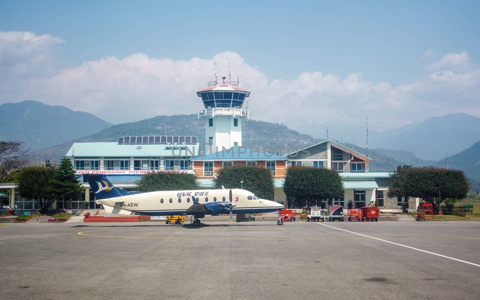 POKHARA, NEPAL - CIRCA MARCH 2018: A Buddha Air Beechcraft 1900D airplane at Pokhara Airport.