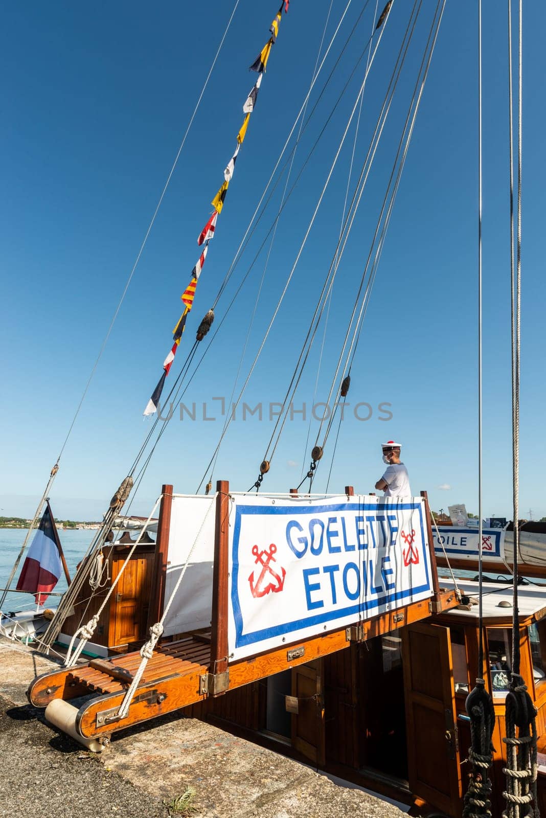 BAYONNE, FRANCE - AUGUST 22, 2020: The schooner Etoile docked at Edmond-Foy quay. It is a training ship for the French navy.