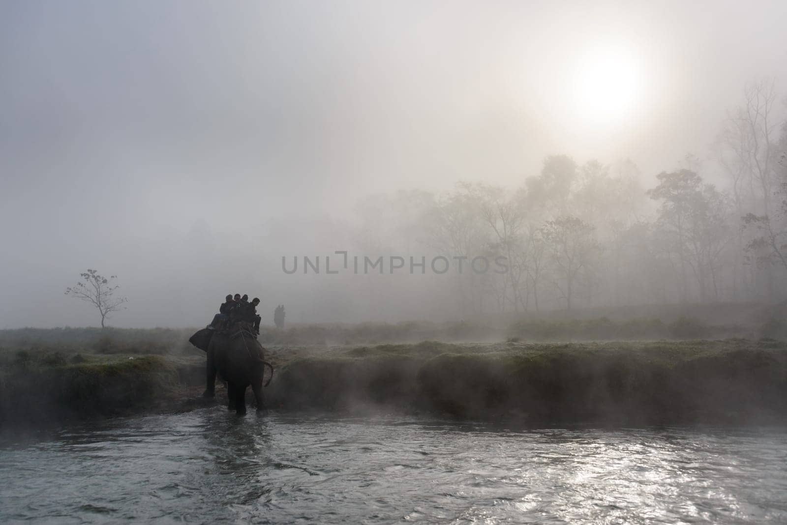 SAURAHA, NEPAL - CIRCA DECEMBER 2014: Tourists doing an elephant safari in Chitwan National Park.