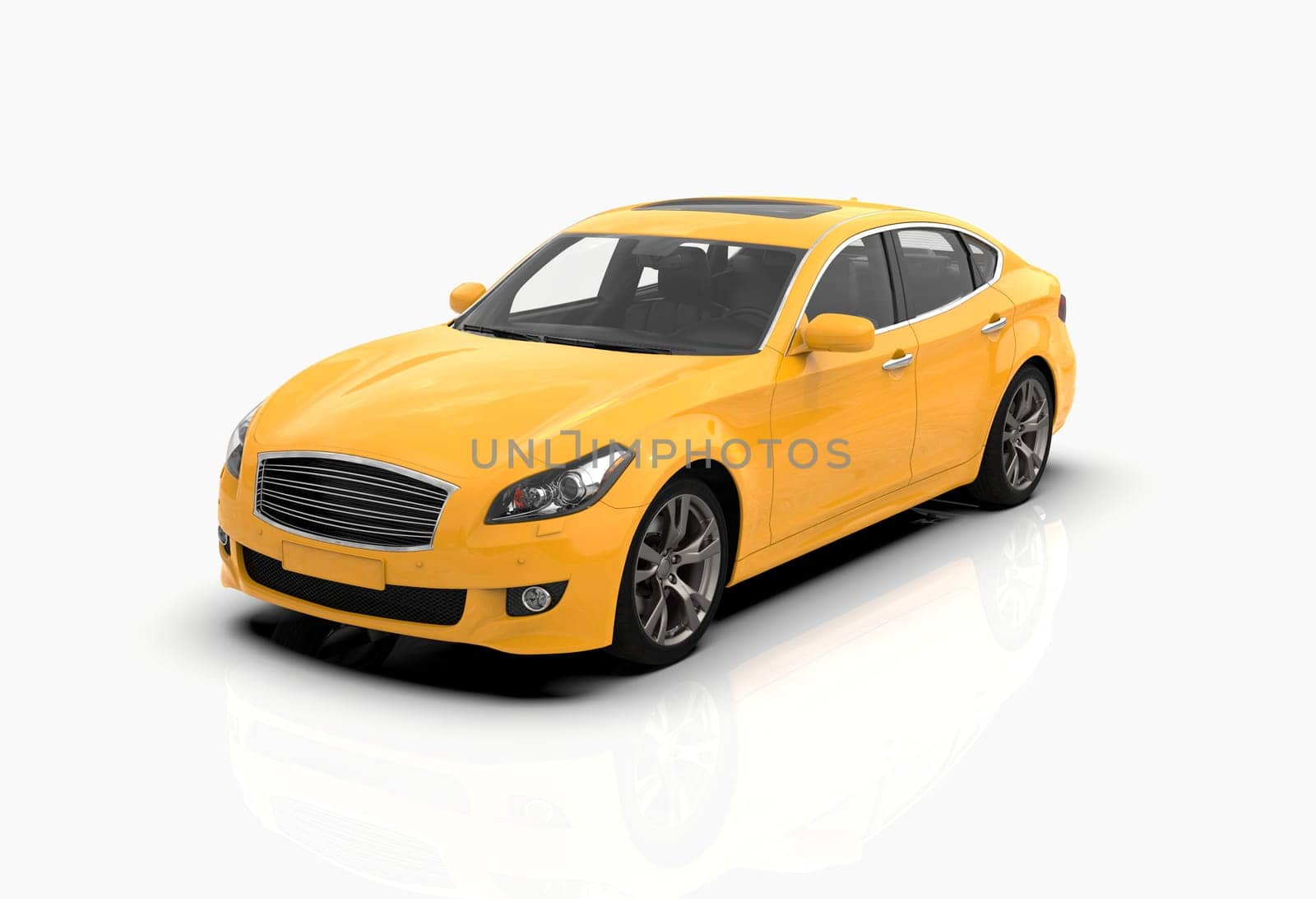 Generic and Brandless Car Isolated on White 3d Illustration, Contemporary Sedan Studio, Dealership Automobile Industry, Auto Transport, Infographics Automotive Background, City Vehicle Template
