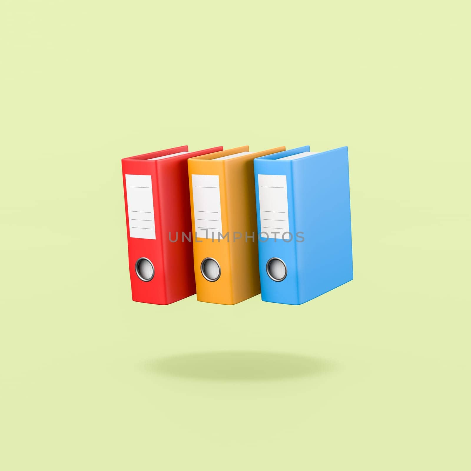 Set of Three Colorful Binders Isolated on Flat Green Background with Shadow 3D Illustration
