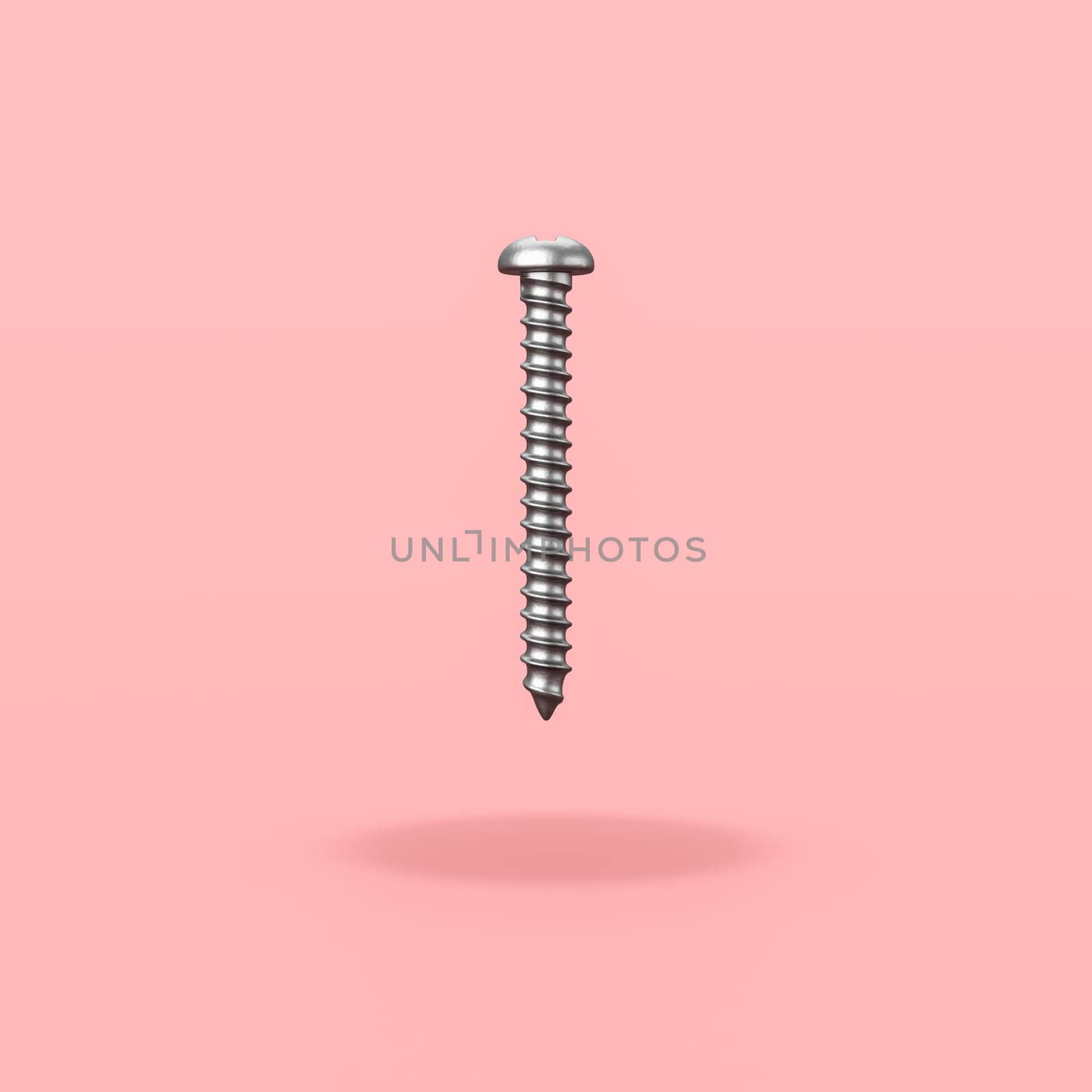 One Metallic Screw Isolated on Flat Red Background with Shadow 3D Illustration