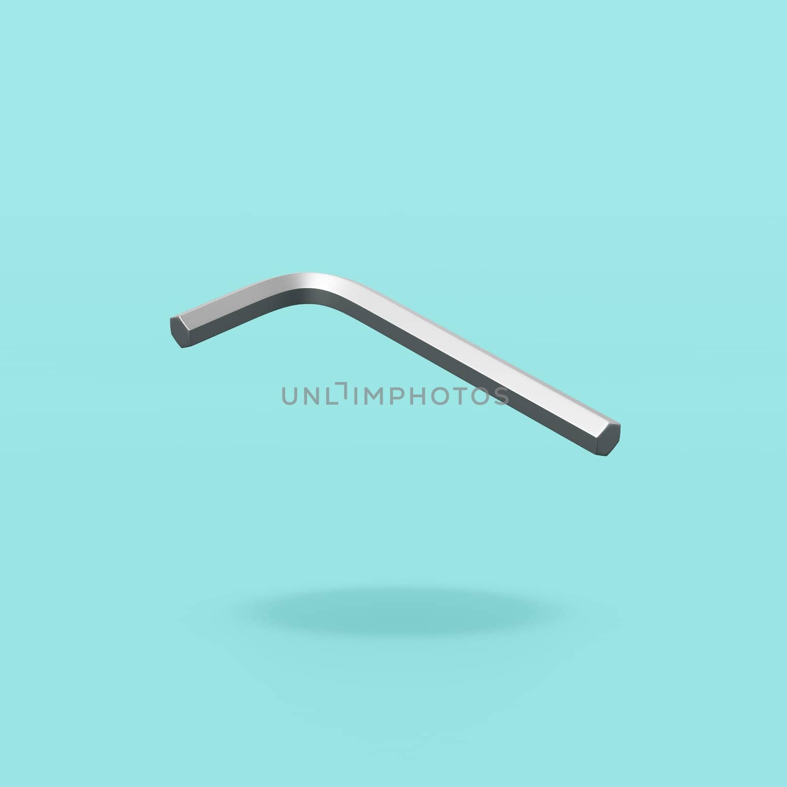 Metallic Hex Key Isolated on Flat Blue Background with Shadow 3D Illustration