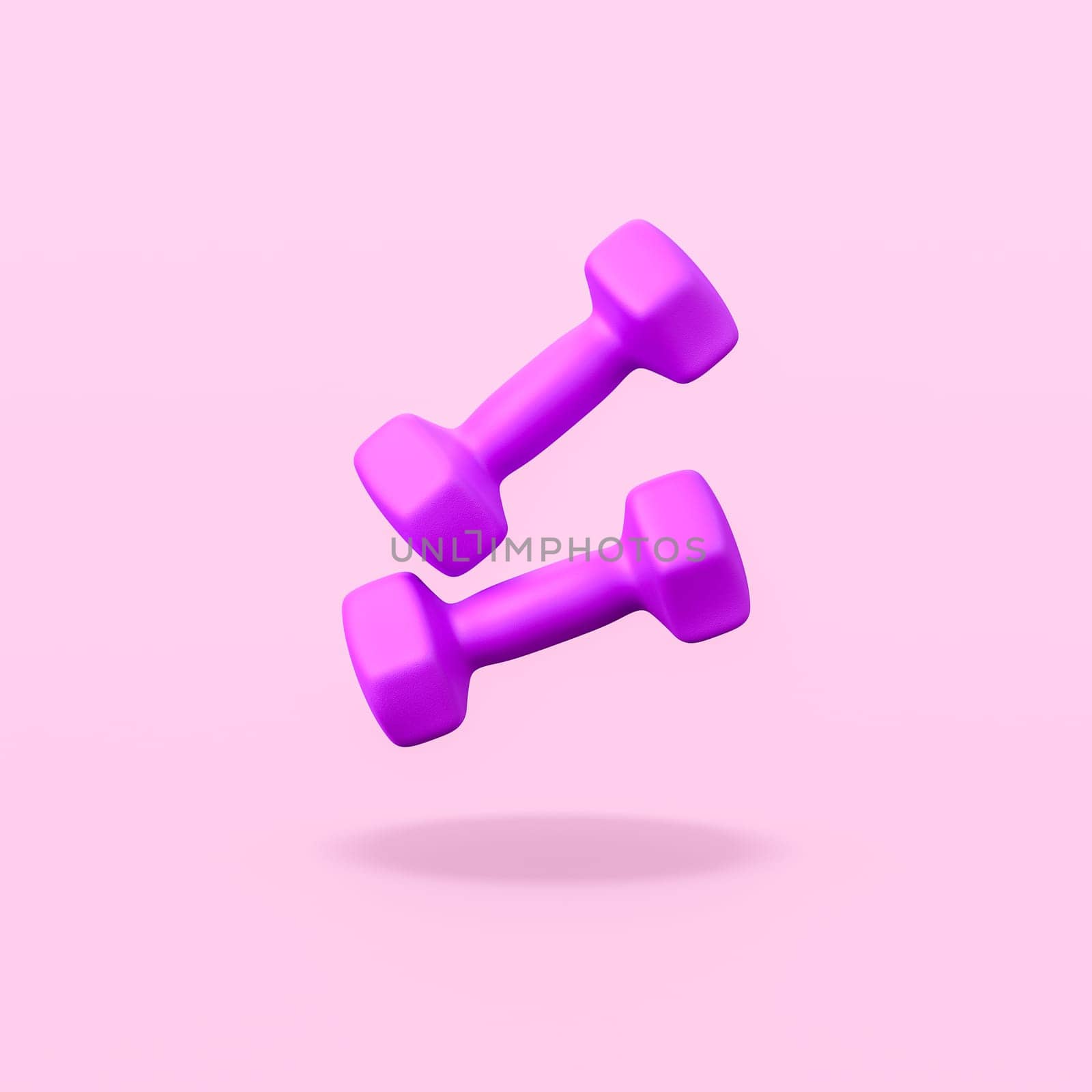 A Pair of Purple Dumbbells Isolated on Flat Pink Background with Shadow 3D Illustration