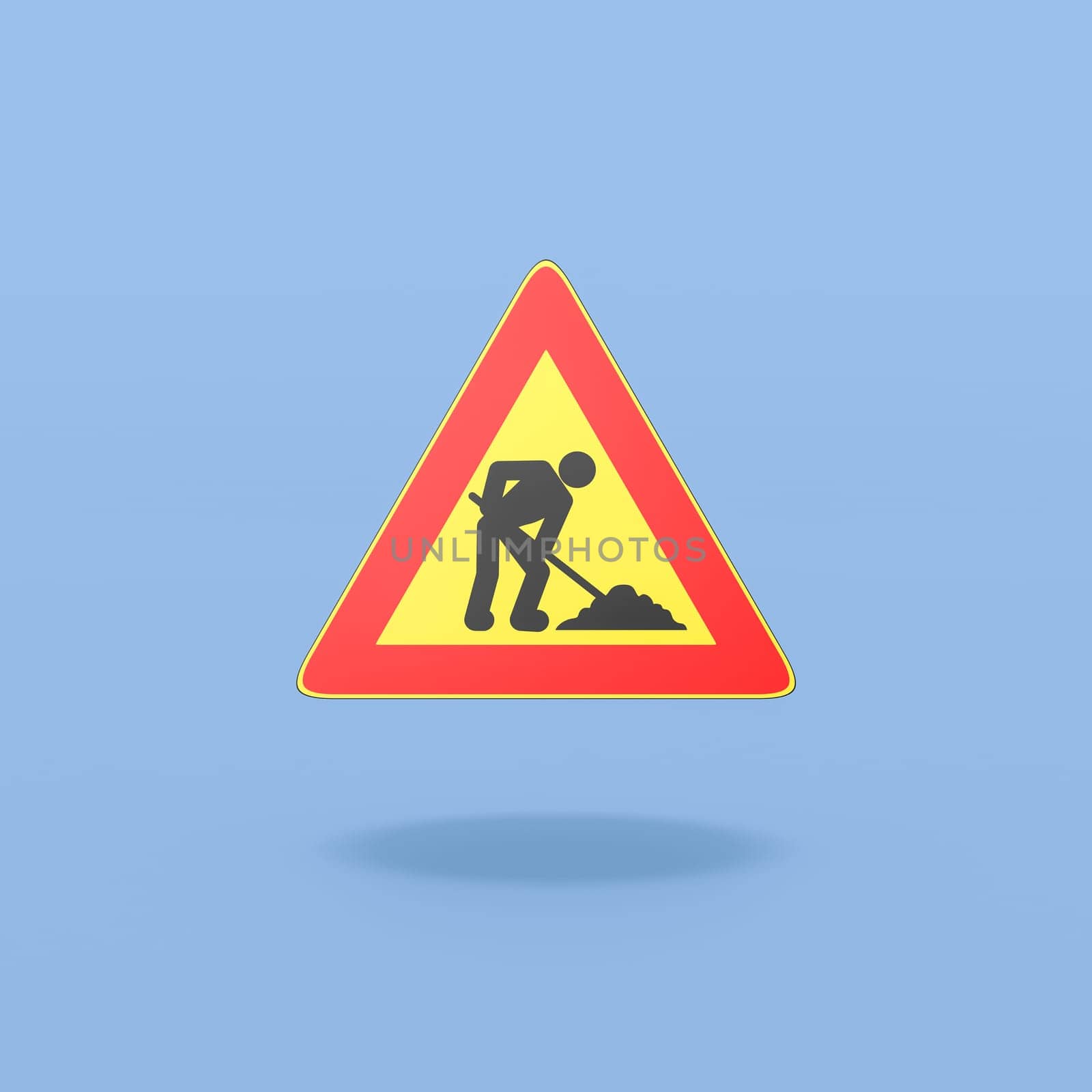 Work in Progress Warning Triangle Road-Sign Isolated on Flat Blue Background with Shadow 3D Illustration